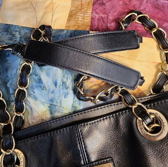 Nicole Miller Chain Tote Shoulder Bag PU Leather Purse Black Gold Vegan - Picture 4 of 14